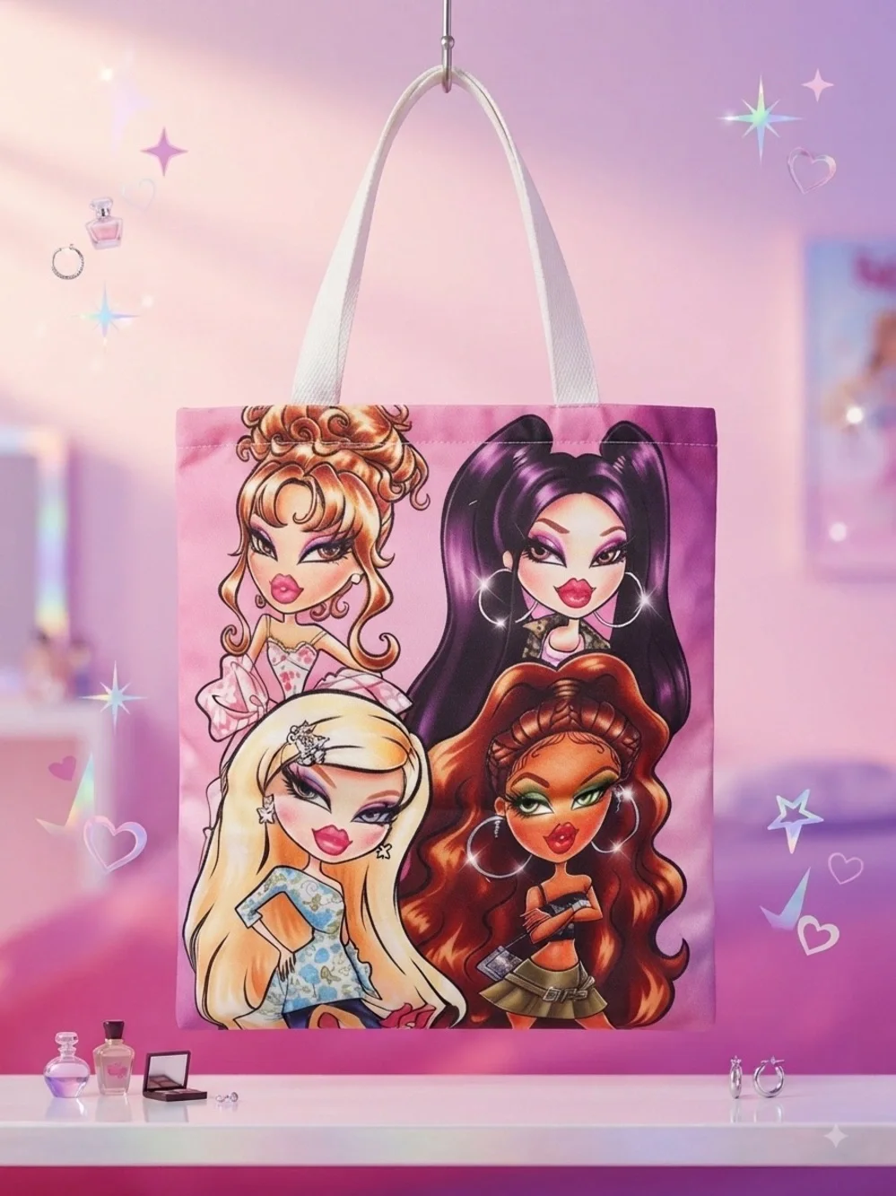Pink Graphic Tote Bag - Playful Doll Illustration